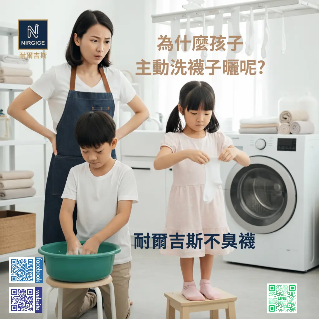 NIRGICE 耐爾吉斯足部環境改善襪宣傳圖:為什麼孩子主動洗襪子曬呢?耐爾吉斯不臭襪,孩子在洗衣機旁動手洗襪子與曬襪子,媽媽在旁關心。